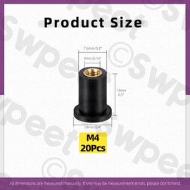 Swpeet 20Pcs M4 Black Rubber Well Nuts Kit, Windshield Fairing Fasteners Nuts, Fairing Universal Motorcycle Fasteners and Neoprene Expansion Brass Nuts Ideal for Canoe Boat Kayak