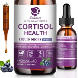 Cortisol Supplements for Women & Men, 10 in 1 Cortisol Detox Manager Reducer with Magnesium, Ashwagandha, L-theanine, Hormone Balance Liquid Drops - Mood, Focus, Sleep - 2 FL.OZ, Blueberry Flavor