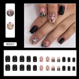 Short Coffin Press on Nails,Black Solid Color Fake Nails,Glitter Crown Design False Nails with Glue on Nail,Glossy Full Cover Stick on Nails,Reusable Artificial Fingernail for Women Girls 24Pcs