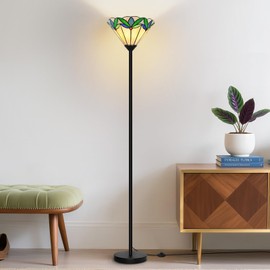 Tiffany Floor Lamp with Tree Leaf Stained Glass Shade, Torchiere Floor Lamp, Tall Corner Pole Lamp with Foot Switch, Vintage Tiffany Style Standing Reading Light for Living Room Bedroom(E26 Base)
