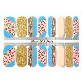 Glam Girl Nails Turquoise Leopard Sparkle Nail polish strips / Nail Wraps / Nail Stickers