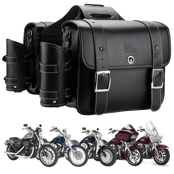 KEMIMOTO Motorcycle Saddlebags Throw Over Saddle bags Panniers 20L Side Bags with cup holder and lock for Sportster Softail Dyna Road King Synthetic Leather Universal, 1 Pair, Black