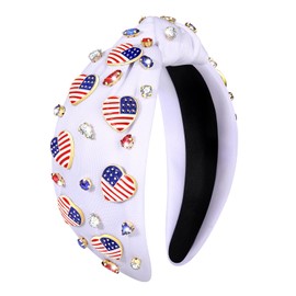 boderier 4th of July Headband American Flag Heart Headband Red White Blue Jeweled Crystal Embellished Knotted Independence Day Patriotic Holiday Acessories (USA Heart)