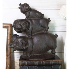 Ebros Gift 9" Tall Cast Iron Vintage Rustic Farmhouse Stacked Three Little Pigs Decorative Desktop Figurine Pig Kitchen Dining Countertop Shelf Western Country Farm Ranch Home Accent Cutout Sculpture