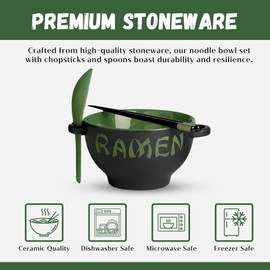 Ceramic Ramen Bowl Set with Chopsticks and Spoon - Set of 2 Microwavable Noodle Bowl Kitchen Set for Instant Noodles, Pho, Udon Noodles, Miso Soup - Green Japanese Ramen Bowls Ceramic Gifts (21 oz)