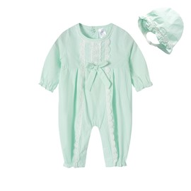 Mud Kingdom Baby Girls Rompers Short Sleeve Lace Trim Jumpsuit for Girl Back Button Onesie with Hat Green 0-3 Months