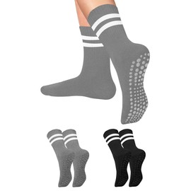 Pilates Grippy Socks with Grips for Women Men Non Slip Anti Skid Sticky Pure Barre Yoga Socks White Cute Crew Length Ideal for Ballet Dance Home Barefoot Workout Hospital Athletic Gripper Womens Socks