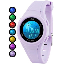 CKV Kids Digital Watch with 7 Colors LED Light for Girls Boys 3ATM Waterproof Children's Watch Outdoor Wristwatch with Soft Strap Kids Watch with Alarm, Stopwatch(Purple)