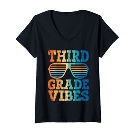 Womens Retro Vintage Sunglasses Third Grade Vibes Back To School V-Neck T-Shirt