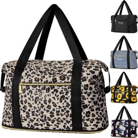 Vankor Expandable Travel Duffle Bag for Travel, Foldable Carry on Tote Bag Weekender Overnight Hosptital Bag for Men Women Lightweight Luggage Maternity Bag Leopard Print
