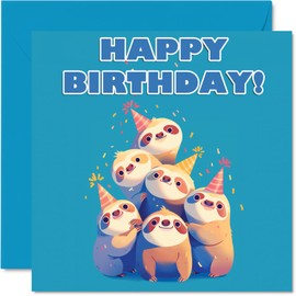 Sloth Birthday Cards for Her Him - Party Animals Pyramid - Happy Birthday Card for Mum Dad Brother Sister Auntie Uncle Cousin Friend Family Colleague 145mm Bday Greeting Cards