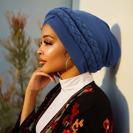 DRESHOW African Women's Turban Double Braid Headwear Headwear Chemo Cap Pre-Tied Beanie Hat Head Wrap Sleep Hat, 1 x double twisted braid: navy blue, Unit size