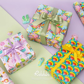 Ribbli Unicorn Birthday Wrapping Paper 3 Rolls Colorful Rainbow Gift Wrapping Paper for Girls Kids Baby Shower - Mini Roll 17 inch x 120 inch(10feet) Per Roll