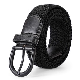 JasGood Braided Stretch Canvas Belt Elastic Casual Belt for Men and Women, Black + black buckle