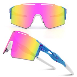 DUDUKING Sunglasses Cycling Glasses Men Women Water Transfer Printing Sports Glasses Cycling Glasses for Outdoor Sports Cycling Running Golf UV 400 Protection Baseball Glasses (Blue Pink)