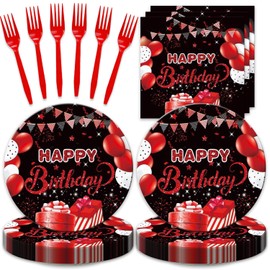 48pcs Red and Black Party Supplies,include 16 Dessert plate,16 Napkin And 16 Fork,Red Party Plate Napkin Fork Set,Used for Black Party Decoration