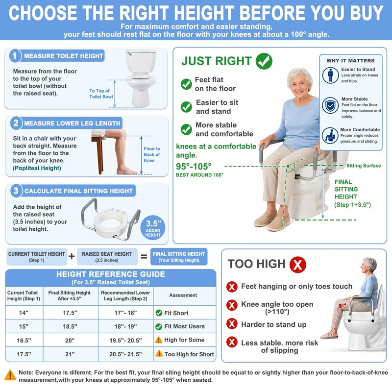 Raised Toilet Seat with Handles for Seniors, Fits Round Toilet