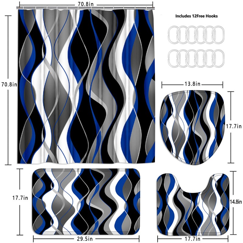 Nkzply 4 Pcs Blue Shower Curtain Black Bathroom Sets with
