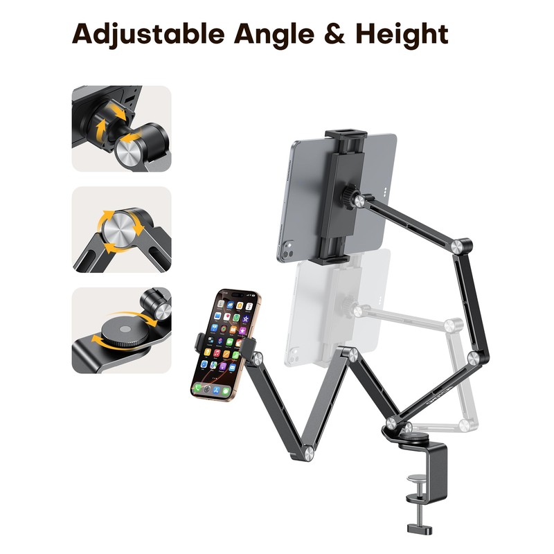 GH03 Tablet Holder with 2 ABS Clamps, Aluminum Long Arm