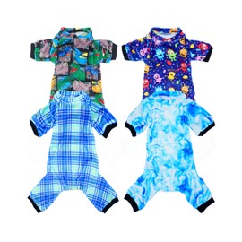 PET SHOW 4 Pack Small Dog Pajamas Cute Dinosaur Monster Clothes Doggies Soft Stretchy PJs Plaid Jumpsuit Puppy Cats Tie Dye Onesies Outfits with Sleeve Pets Dachshund Costume(XS, Blue for Boys)