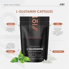 L-Glutamine 500mg with BioPerine® - 90 Veg Capsules (3 Months Supply) - Fermented Amino Acid Supplement - by Alpha01