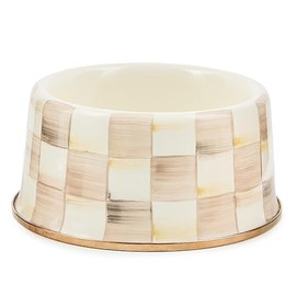 MACKENZIE-CHILDS Enamel Pet Bowl, Cute Cat and Dog Bowl for Food and Water, Medium, Brown-and-White Mocha Check