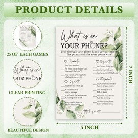 Greenery Bridal Shower Games Cards, What is On Your Phone Game Card Reception for Wedding Showers Engagement Party Bachelorette Party, Bridal Party Games for Decorations Favors Supplies, Set of 25-04