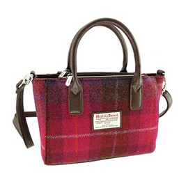 Ladies Harris Tweed Small Tote Bag Brora, Deep Pink Tartan, pink