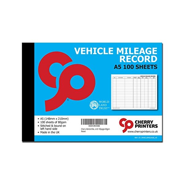 Cherry Vehicle Mileage Record Log Book A5 100pages 80gsm