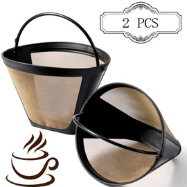Pack of 2 coffee filter mesh, washable coffee filters, reusable filter, coffee permanent filter, with handle, size 4, stainless steel, durable, for most, for 8-12 cups of coffee (gold)