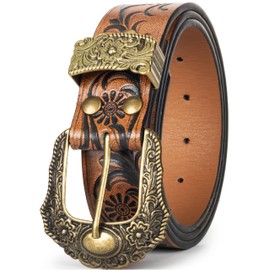 YCMI Vintage-Western-Cowboy-Belts for Men Women PU Leather Belt - Flower Buckle Engraved Decoration Rodeo-Cowgirl-Belt Adjustable