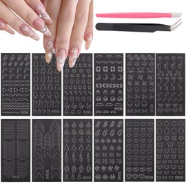NICENEEDED 12 Sheets Airbrush Nail Stencils Stickers for Nail Art, Flowers Butterfly Star Flame Nail Stickers, French Design Hollow Nail Guides Decals Supplies for Women