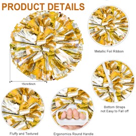 IONPSHG 4Pcs Cheerleader Pompoms Metallic Foil Cheer Poms Hand Flower Pompoms with Baton Handle Cheering Squad Pompoms Handheld Cheerleader Pompom Plastic Ring Pompom for Team Spirit Sports Dance