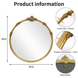 Gold Round Mirror - Baroque Style Ornate 24 Inch Mirror Suitable for Home Decoration, Bedroom, Living Room Wall Art, Retro Luxury Metal Frame Design