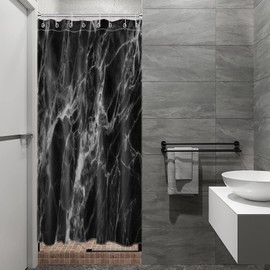 LB Small Stall Half Size Shower Curtain Liner, 48 x 68 inch, Black and Grey Marble Texture Narrow Shower Curtain Set with Hooks
