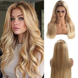 Belaved 20 Inch Highlight Blonde Lace Front Wigs Human Hair Ombre Medium Brown with Golden Blonde Real Human Hair Glueless 150% Density 13x4 Straight Lace Frontal