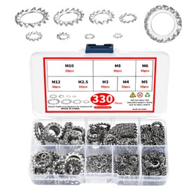 330 Pcs Stainless Steel Washers Assorted Set – Internal Tooth Lock, Flat, Spring, and Starlock Washers, Metric Sizes M2-M12, Anti-Corrosion Hardware Kit for Home, Automotive, and Industrial Use