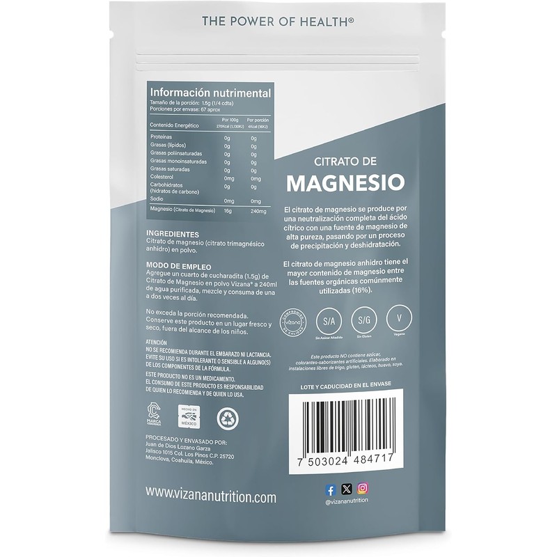 VIZANA NUTRITION Citrato de Magnesio en Polvo (Trimagnesio Citrato Anhidro)