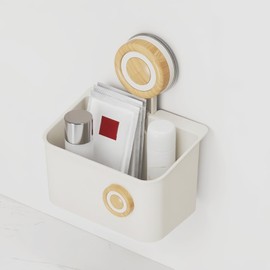 HONGYUETECH Suction Cup Shower Caddy, Plastic Shower Shelf with Drainage Bin, Vacuum-Lock Shower Organizer for Bathroom, Kitchen, RV, Hotel Storage (Original wood color-S)