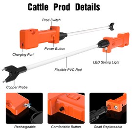 Cattle Prod Rechargeable with Led Light 50.4 inch, Waterproof Cattle Prod for Dogs, Electric Cattle Prod Livestock, Lightweight Cattle Prod Livestock for Cow
