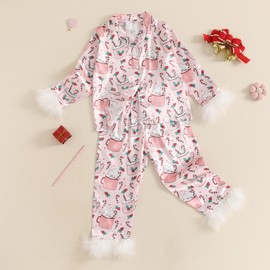 Qiylii Satin Christmas Pajamas for Girls Cup Milk Christmas Silk Pajamas 2PC Button-Up Pjs Feather Sleeve Kids Xmas Pajamas Set (Pink 6-7T)
