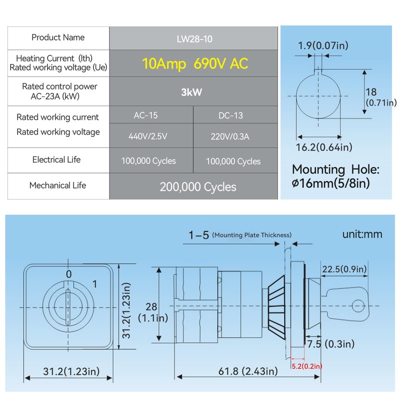 2 Position Key Switch 10Amp 690V AC 16MM 2-Ways Rotary