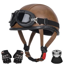 LNCHAO Handmade Leather Motorcycle Helmet Retro Half Face Helmet for Adults Men & Women, Lightweight Open Face 1/2 Vintage Helmets for Moped Cruiser Scooter Chopper DOT Approved (Brown, Small)