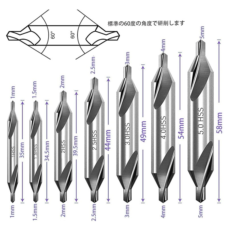 Kimlonton Center Drill 60 Degree Angle 1mm/ 1.5mm/2.5mm/3mm/4mm/5mm High Speed