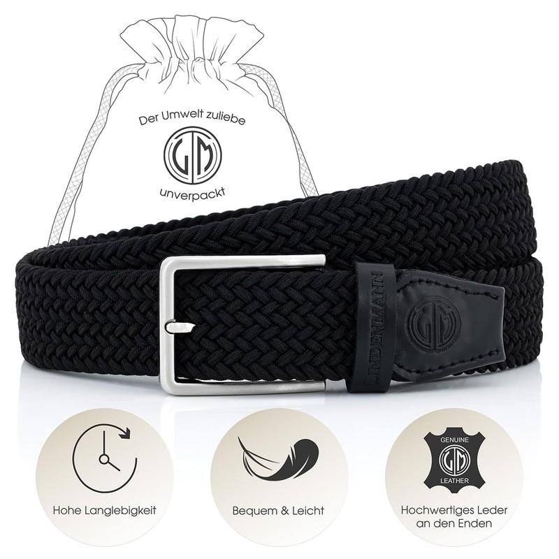 LINDENMANN Men's Stretch Belt Textile Braided Belt for Golf Black,