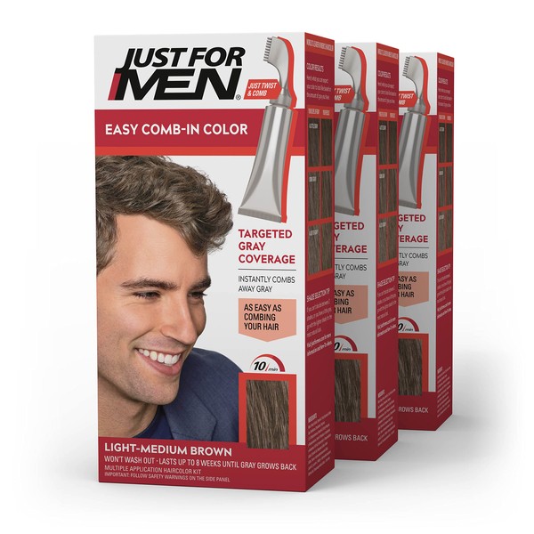 Just For Men Easy Comb-In Color Mens Hair Dye, Easy No Mix Application with Comb Applicator - Light-Medium Brown, A-30, Pack of 3