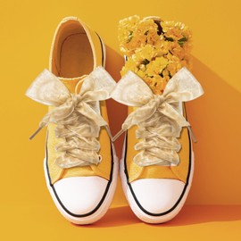 Glavatrix 2 Pairs Shoe Laces for Sneakers, 43in Chiffon Ribbon Laces for Women, Flat Snow Yarn Soft Stain Organza Shoestrings, 1.6in Wide (Gold)