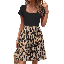Newshows Summer Work Dresses for Women 2025 Short Sleeve Square Neck Modest Teacher Outfits Dresses Casual Beach Church Funeral A-Line Ruffle Sundress Trendy with Pockets(Leopard Black Floral,S)