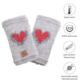 Pachamama Women Wool Hand Wrist Warmers Fleece Lined Handknitted Red Heart Pattern Oatmeal One-Size Handmade Extra Warm Fair Trade