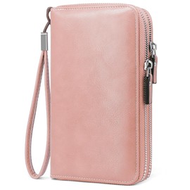 QEWORANE Women Wallet RFID Blocking Leather Wristlet Purse Credit Card Holder Phone Clutch Zip Around Ladies Travel Wallets (Pink)